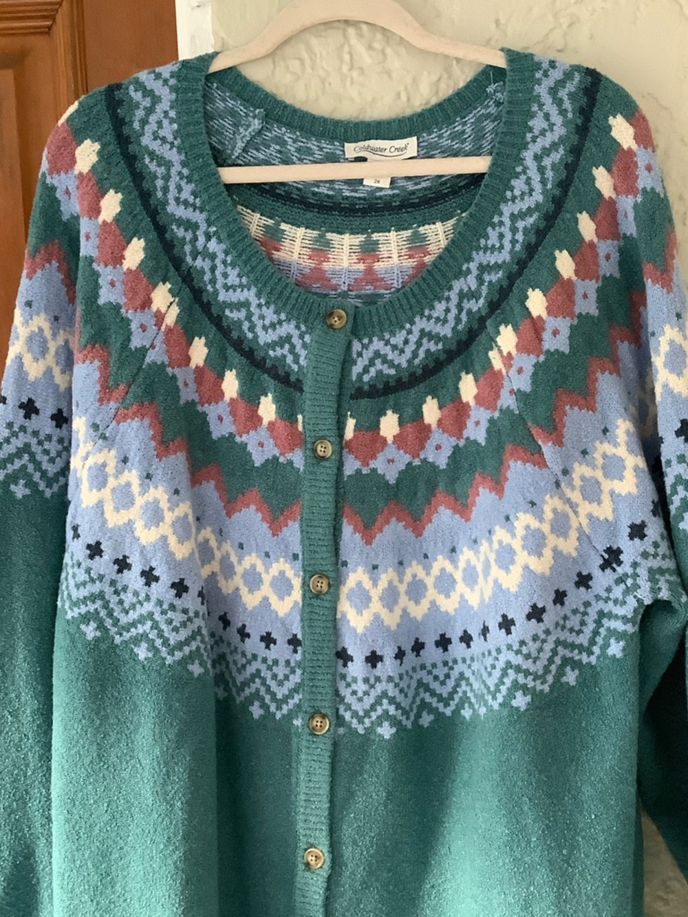Coldwater Creek Teal Fair Isle Button-Front Cardigan - Picture 2 of 6